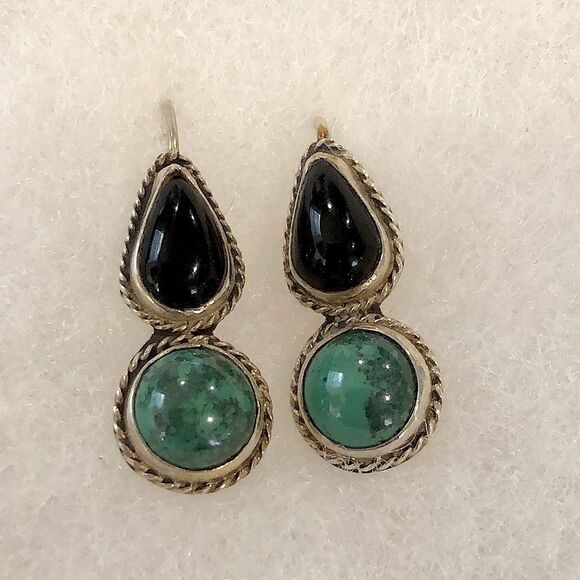 TAXCO Sterling Silver Black Onyx & Green Agate Drop Earrings - Picture 2 of 7